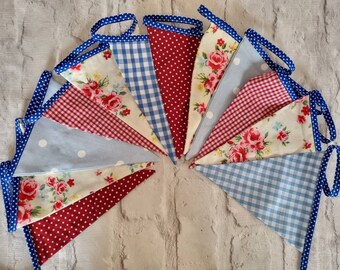 Red White and Blue Floral Birthday Bunting fabric Banner Birthday Party Wedding Celebration Photo prop