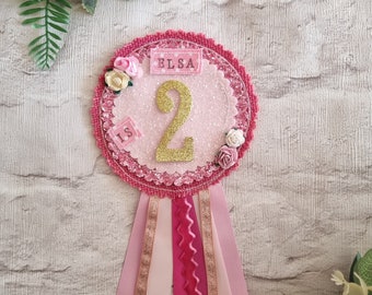 Personalised Pink Glitter Roses and Gold Birthday Badge - Age badge