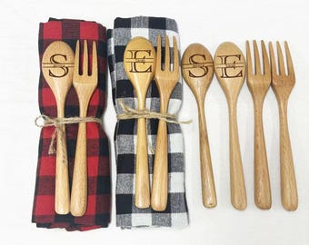 Wooden Utensil Set,Custom Wooden Spoon&Fork,Personalised Forks,Custom Text,Party Favors For Guests,Cotton Dishtowel,Bulk Custom Gift