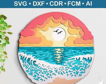 3D Sunset on the Ocean Layered Sea Waves Svg Template, Make Super Easy ...