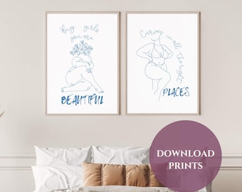 Fat Girl Positiv Print, Body Positivity Poster, Fat Woman Art, Big Mädchen du bist schön, Blaue minimalistische Wandkunst, Feministisches Fett positiv