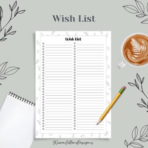 Lista de deseos en blanco y negro imprimible / Organiza tu vida con diseños inspirados en la naturaleza / Descarga digital / PDF