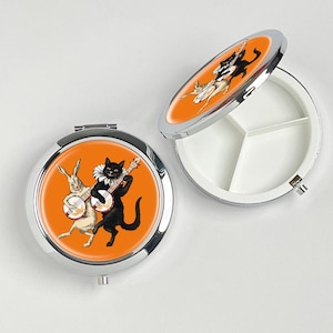 1896 Best Cat Playing Mandolin Pill box, travel pill box, portable pill box, vitamin storage box, metal makeup mirror gift