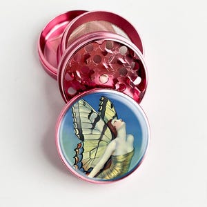 Vintage 1923 Flapper Butterfly Print Poster Grinder Herb Grinder Spice Grinder Girl Grinder Metal Grinder Gift, Pink, Silver, Black