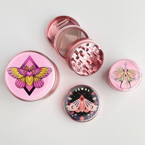 Cute pink grinder mysterious moon moth vanilla grinder girly grinder metal grinder gift for her
