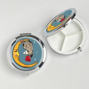 The Mouse Stealing Strawberries on the Moon Pill Box, travel pill box, portable pill box, vitamin storage box, metal makeup mirror gift