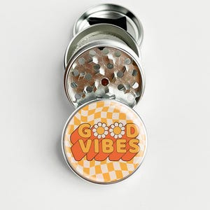 70s hippie style good vibes grinder herb grinder spice grinder men&#39;s grinder girl&#39;s grinder metal grinder gift, pink, silver, black