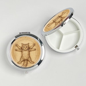 Da Vinci Cat Drawing – Funny Vitruvian Kitten Pill box, travel pill box, portable pill box, vitamin storage box, metal makeup mirror gift