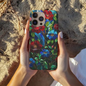 Stained Glass Vivid Flower iPhone Case Botanical Glass Mosaic Phone Case Charms for iPhone 16, 15, 14, 13, 12, 11 Pro Max and Samsung S24