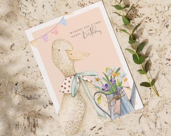 Tarjeta de cumpleaños de pato y flores / Celebración / Tarjeta de feliz cumpleaños