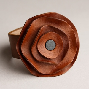 leather scarf cuff, floral scarf cuff, neutral medium brown, Saddle brown, chestnut image 1