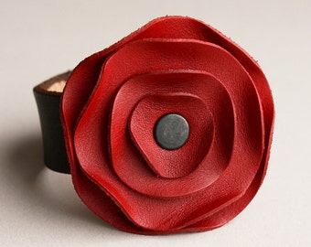 Leather Poppy Scarf Cuff, Red Leather Flower Holds Scarf In Place