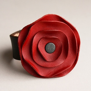 Leather Poppy Scarf Cuff, Red Leather Flower Holds Scarf In Place image 1