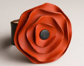 leather cuff, leather scarf cuff, Carrot orange poppy scarf cuff, California poppy