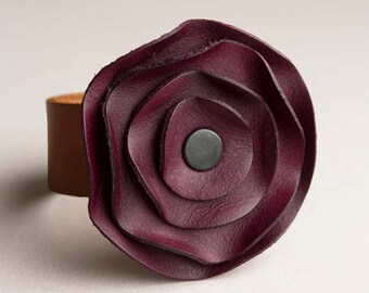 leather cuff, leather scarf cuff, purple Plum eggplant, poppy scarf cuff