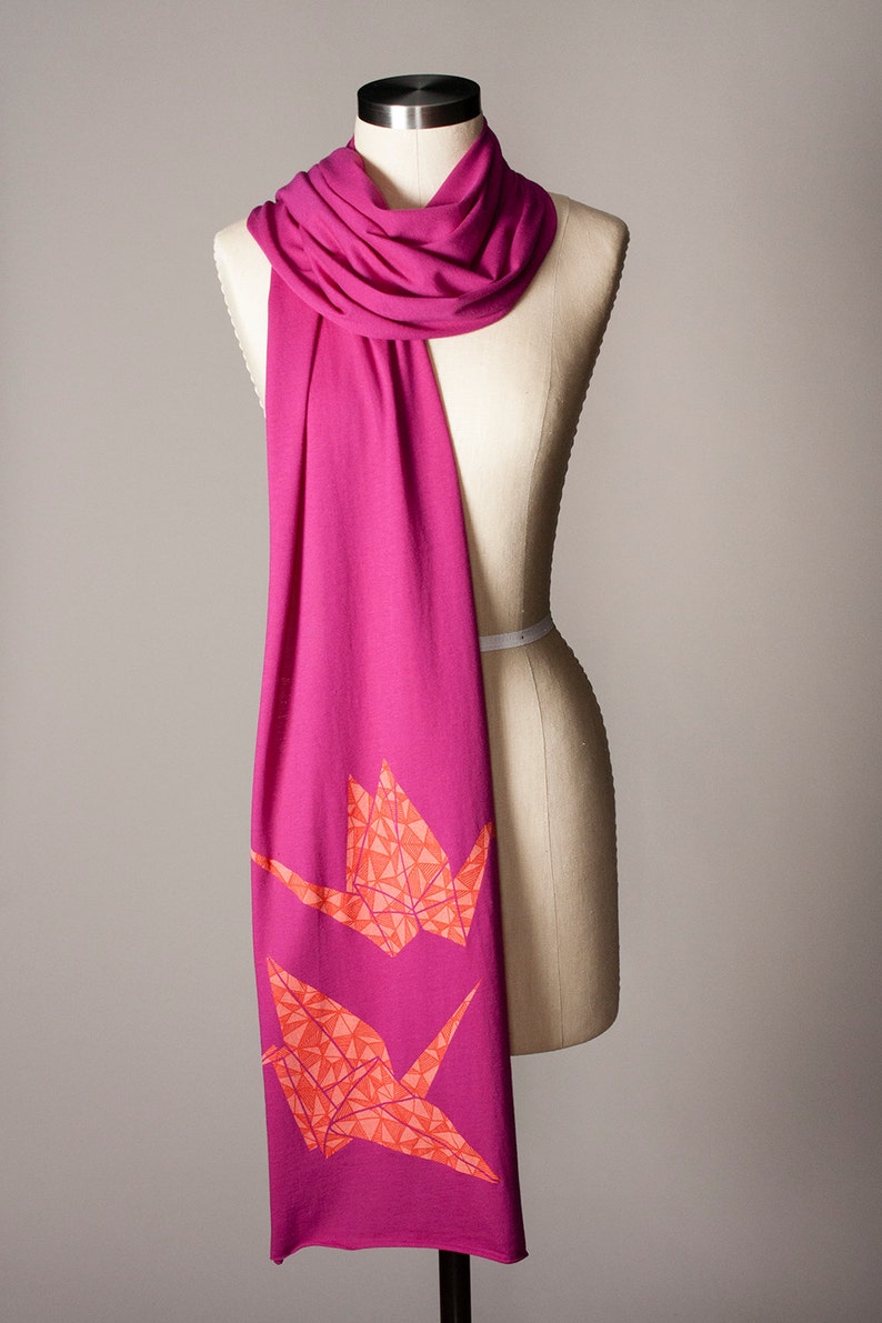 paper crane scarf, hot pink scarf, magenta scarf, raspberry scarf, fuchsia scarf image 4
