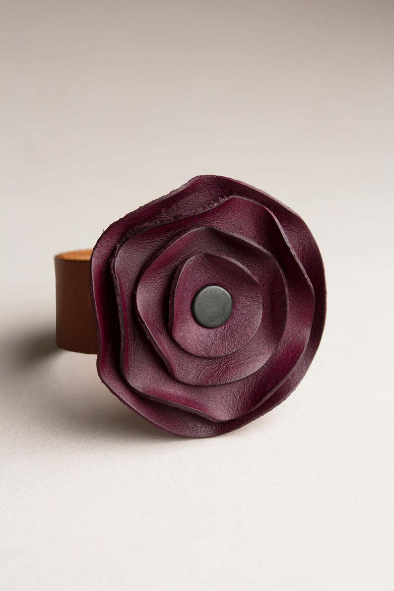 leather cuff, leather scarf cuff, purple Plum eggplant, poppy scarf cuff image 1