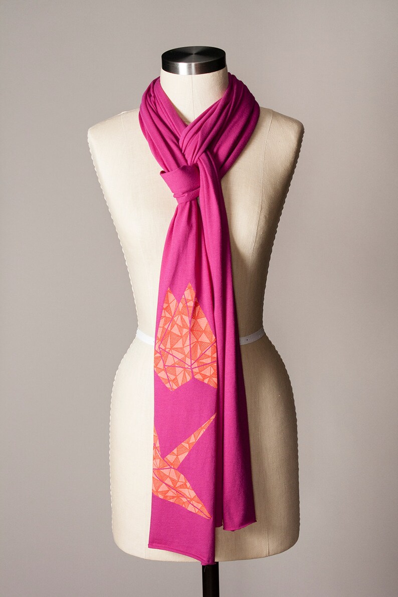 paper crane scarf, hot pink scarf, magenta scarf, raspberry scarf, fuchsia scarf image 3