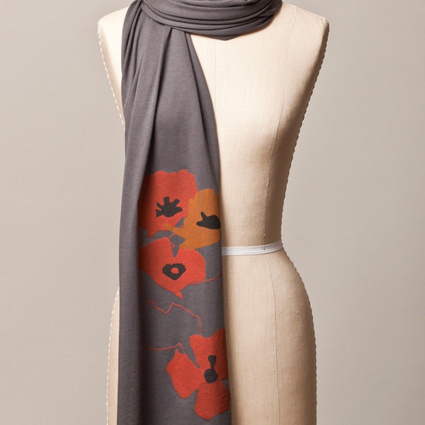 Poppy Scarf, Orange and Red Poppies on Dark Gray Cotton Jersey