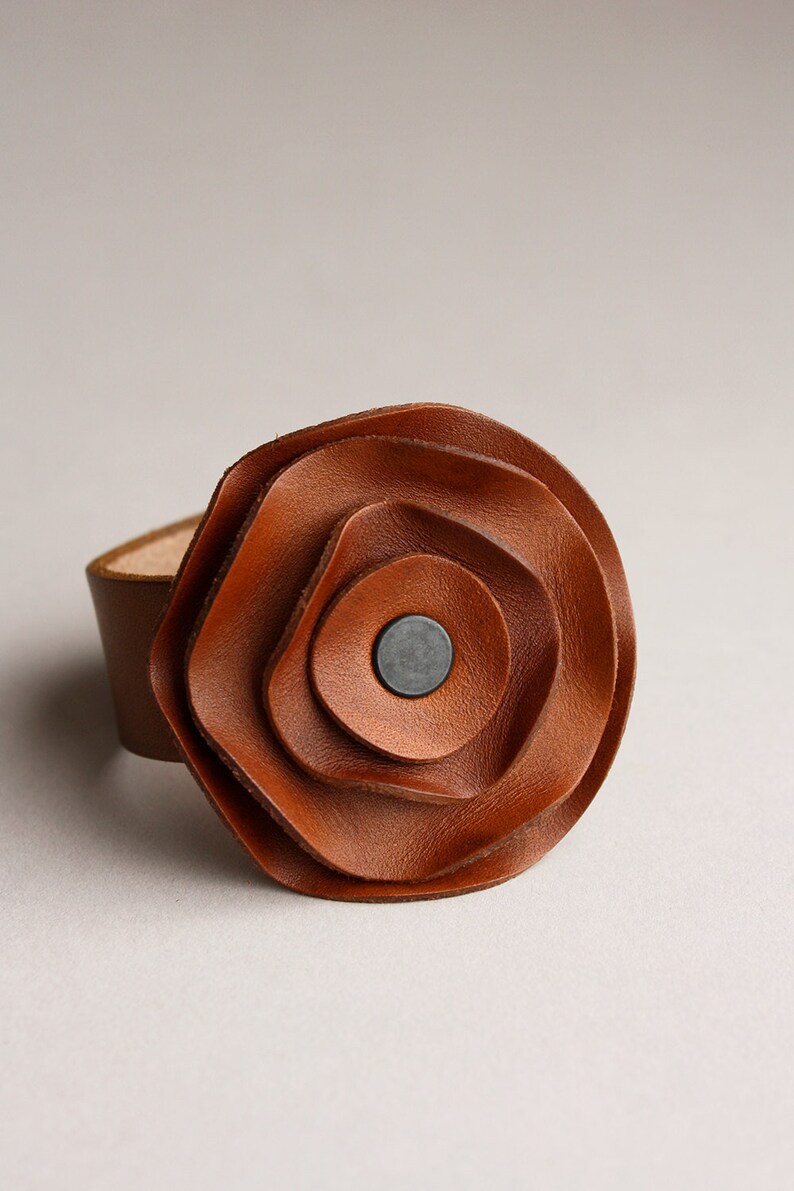 leather scarf cuff, floral scarf cuff, neutral medium brown, Saddle brown, chestnut image 1