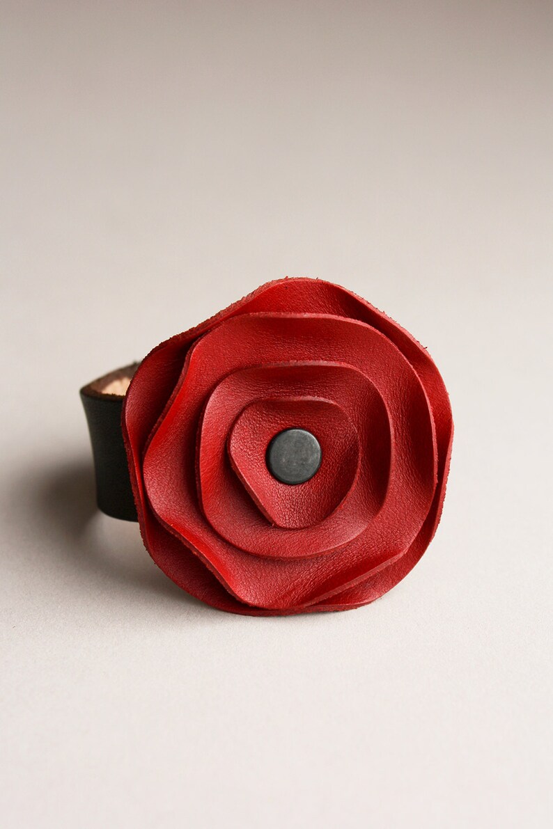 Leather Poppy Scarf Cuff, Red Leather Flower Holds Scarf In Place image 1