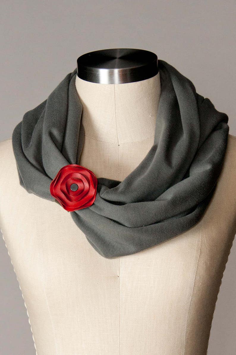 Leather Poppy Scarf Cuff, Red Leather Flower Holds Scarf In Place image 3