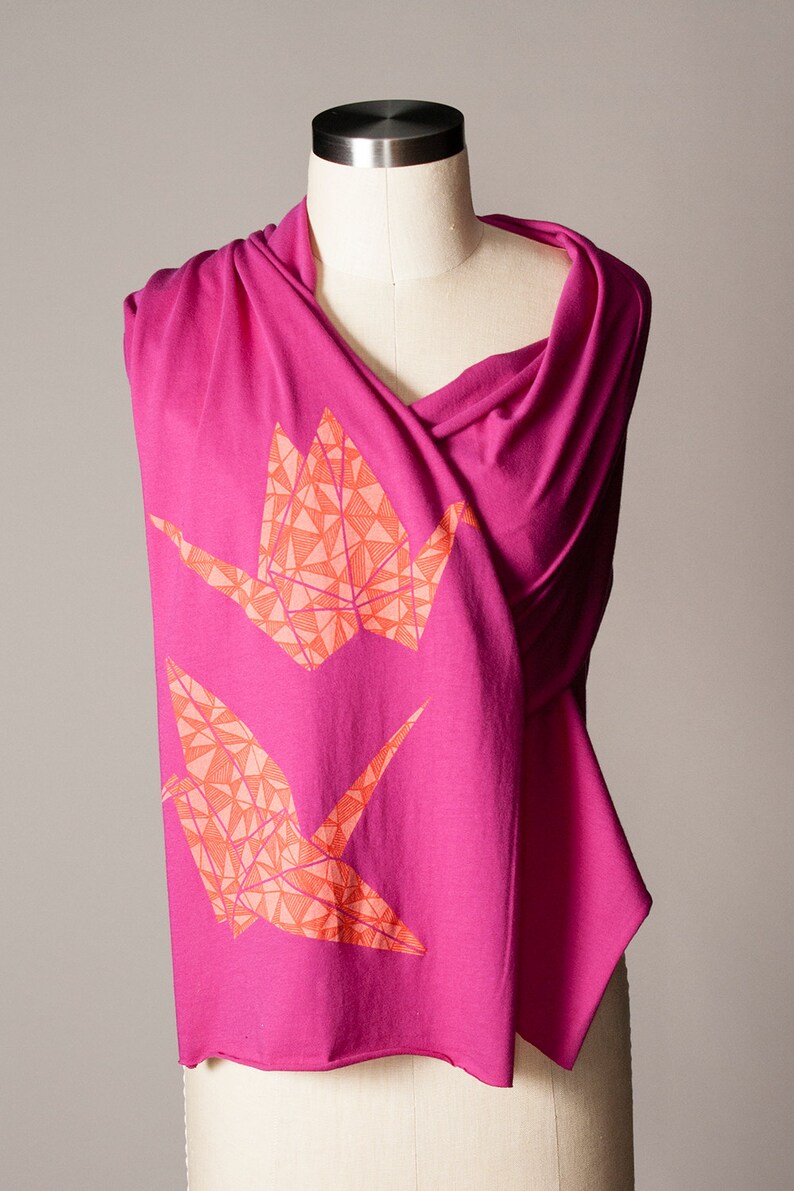 paper crane scarf, hot pink scarf, magenta scarf, raspberry scarf, fuchsia scarf image 2