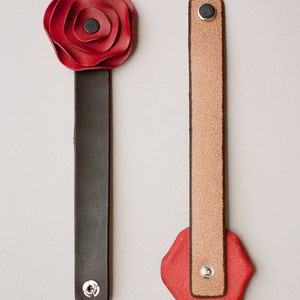 Leather Poppy Scarf Cuff, Red Leather Flower Holds Scarf In Place image 2