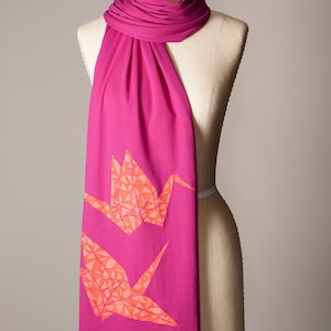 paper crane scarf, hot pink scarf, magenta scarf, raspberry scarf, fuchsia scarf