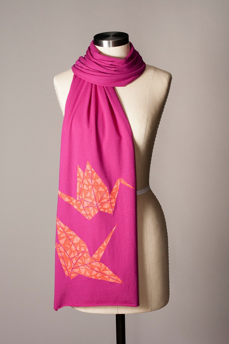 paper crane scarf, hot pink scarf, magenta scarf, raspberry scarf, fuchsia scarf image 1