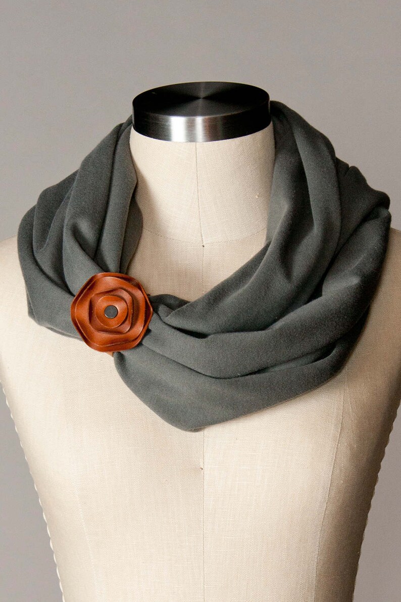 leather scarf cuff, floral scarf cuff, neutral medium brown, Saddle brown, chestnut image 3