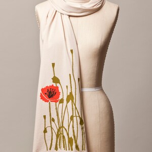 poppy scarf, red poppy, cream scarf, neutral scarf, long soft scarf