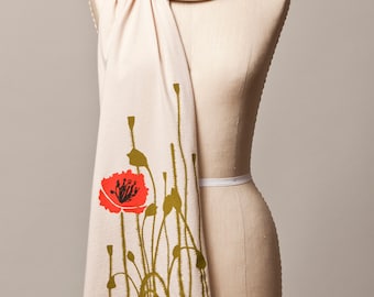 poppy scarf, red poppy, cream scarf, neutral scarf, long soft scarf