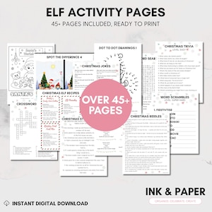 Op de afbeelding: Een verzameling afdrukbare Elf Activity Pages met verschillende kerstspellen en puzzels. Bevat kruiswoordraadsels, trivia, raadsels en meer. De tekst luidt "ELF ACTIVITY PAGES" en "45+ PAGES INCLUDED, READY TO PRINT".