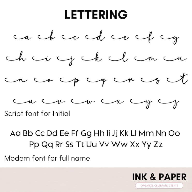 Może przedstawiać: Na białym tle wyświetlane są dwa kroje czcionek: czcionka skryptowa dla inicjał&oacute;w i nowoczesna czcionka dla pełnych imion. Czcionka skryptowa pokazuje małe litery, a nowoczesna czcionka duże i małe litery. Słowo "LETTERING" znajduje się na g&oacute;rze.