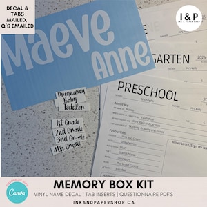 Memory Box Kit | Custom Vinyl Name Decal, File Folder Tabs & Questionnaire Pages – Keepsake Organizer Set | 16 Script and Modern Fonts