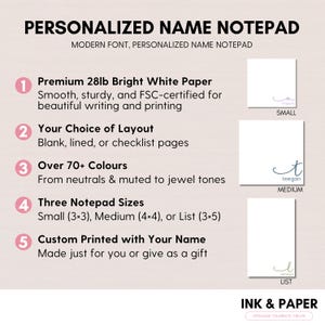 Może przedstawiać: Obraz promocyjny spersonalizowanych notatnik&oacute;w. Obraz zawiera tekst "PERSONALIZED NAME NOTEPAD" oraz szczeg&oacute;ły produktu, w tym jakość papieru, opcje układu, wyb&oacute;r kolor&oacute;w i rozmiary. Rozmiary notatnik&oacute;w to mały (7,6x7,6 cm), średni (10,2x10,2 cm) i lista (7,6x12,7 cm).