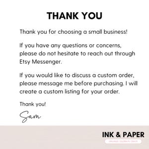 Może przedstawiać: Białe tło z czarnym tekstem. Tekst u g&oacute;ry brzmi &bdquo;DZIĘKUJĘ&rdquo;. Tekst poniżej dziękuje klientowi za wybranie małej firmy i zawiera instrukcje dotyczące zam&oacute;wień niestandardowych i pytań. Podpis &bdquo;Sam&rdquo; znajduje się na dole.