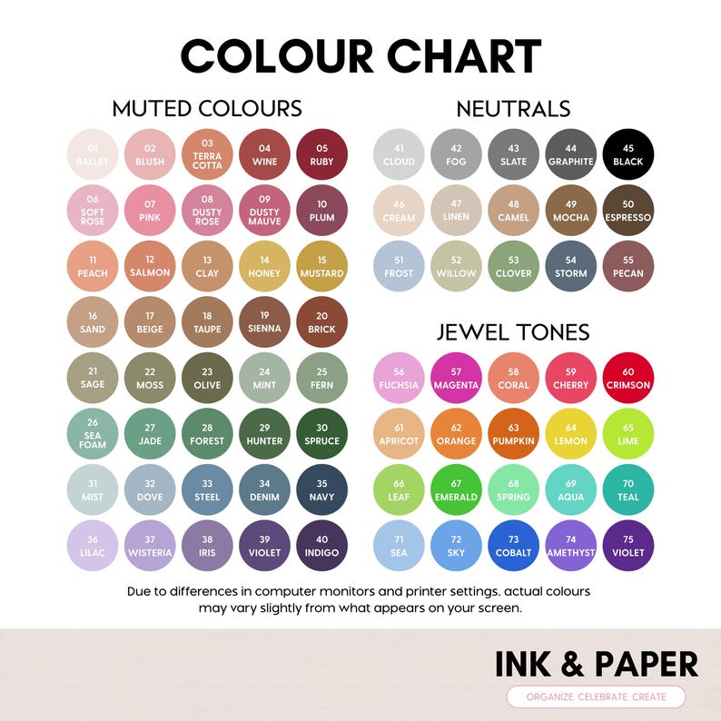 Może przedstawiać: Karta kolor&oacute;w z r&oacute;żnorodnymi stonowanymi, neutralnymi i klejnotowymi kolorami. Zawiera nazwy i numery kolor&oacute;w, takie jak "Wine" i "Indigo". Obecny jest r&oacute;wnież tekst "INK & PAPER" i "ORGANIZE CELEBRATE CREATE".