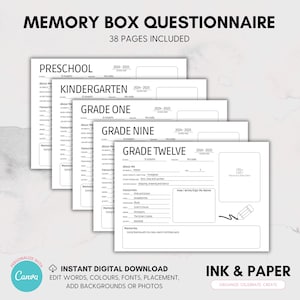 Edytowalna ankieta „Wspomnienia w pudełku” – wywiad z okazji pierwszego dnia szkoły dla dzieci, wspomnienia z powrotu do szkoły, szkolne pudełko, Canva, plik PDF do druku