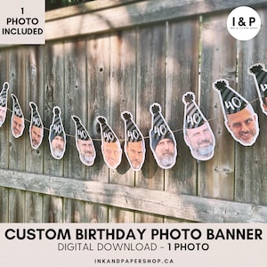 Benutzerdefiniertes Gesicht 1 Foto Banner | Digitaler Download | Personalisierte Party-Hut Banner mit Geburtstag Nummer | Druck zu Hause PDF / JPG