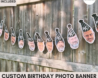 Custom Face 1 Photo Banner | Digital Download | Personalized Party Hat Banner with Birthday Number | Print at Home PDF/JPG