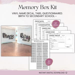 Geheugendoosset | Aangepaste vinylnaamsticker, bestandsmaptabs en vragenlijstpagina's – Keepsake-opbergerset