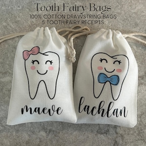 ZAHNFEEN Taschen | Personalisiert | Kordelzugbeutel aus 100% Baumwolle für Jungen und Mädchen | Benutzerdefinierte Name Zahnhalter mit Quittungen