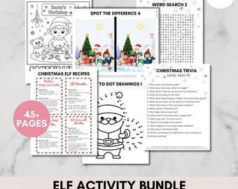 May include: A digital bundle of 45+ Christmas activity pages including coloring sheets, spot the difference puzzles, word searches, dot-to-dot drawings, and recipe cards featuring Santa, elves, and holiday themes with text in English.