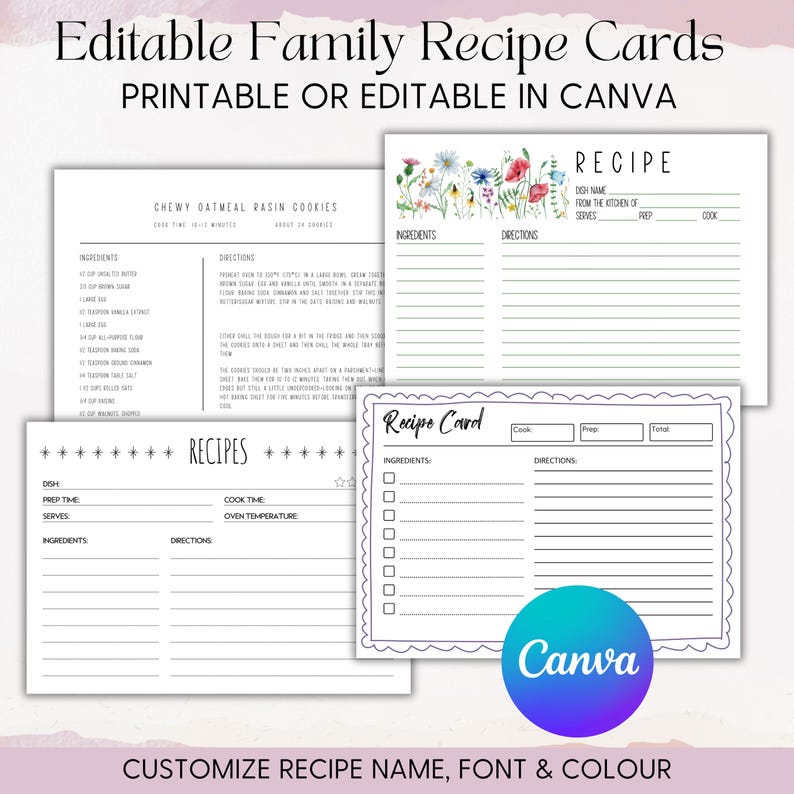 Printable Family Recipe Cards: Heirloom Keepsake Template (canva PDF ...