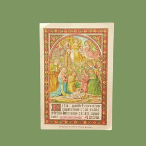 1910's, antiek lithografieprentje van de geboorte van Jezus, Maria Jozef engelen, antieke gebedskaart van geboorte van Christus, Antwerpen