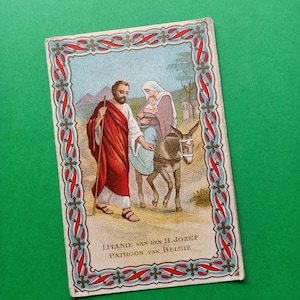 Saint Joseph avec Marie et Jésus, âne, image de litanie, image religieuse, carte religieuse antique, carte de prière catholique, image de dévotion