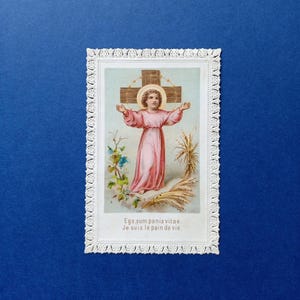 Années 1880, Jésus avec du pain, carte de prière antique ou canivet, belle dentelle de papier avec lithographie centrale, image sainte française originale du 19ème siècle