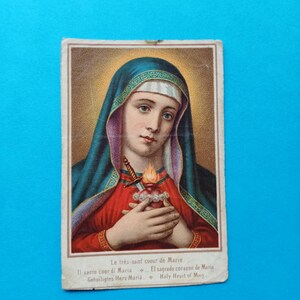 Sacré-Cœur de Marie, image antique, image religieuse, carte religieuse antique, carte de prière catholique, carte de dévotion, 19ème siècle